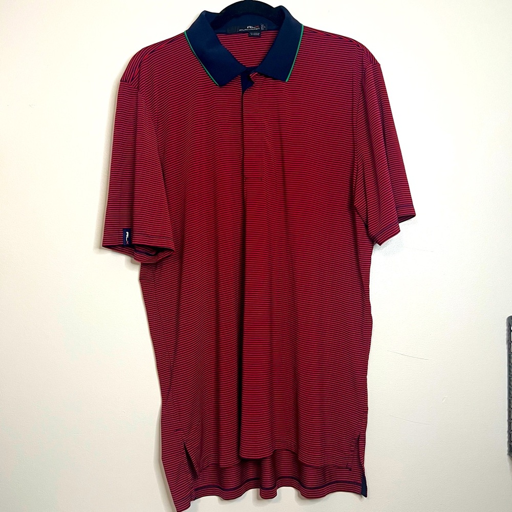 RLX Ralph Lauren Polo‎ Shirt Men L Red Navy Stripe Performance Golf Top